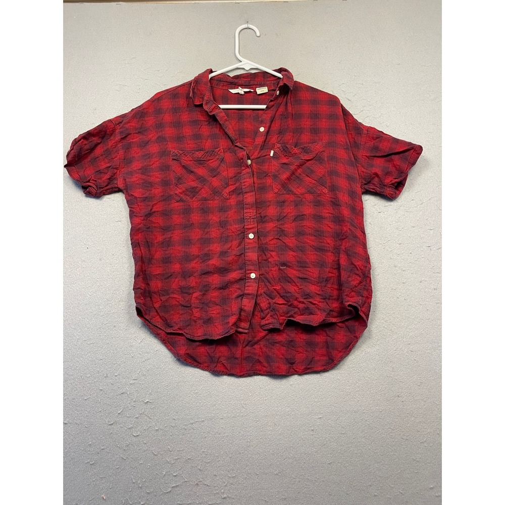 Levi's Shirt Short Sleeve Flannel Red Black Plaid Small Womens